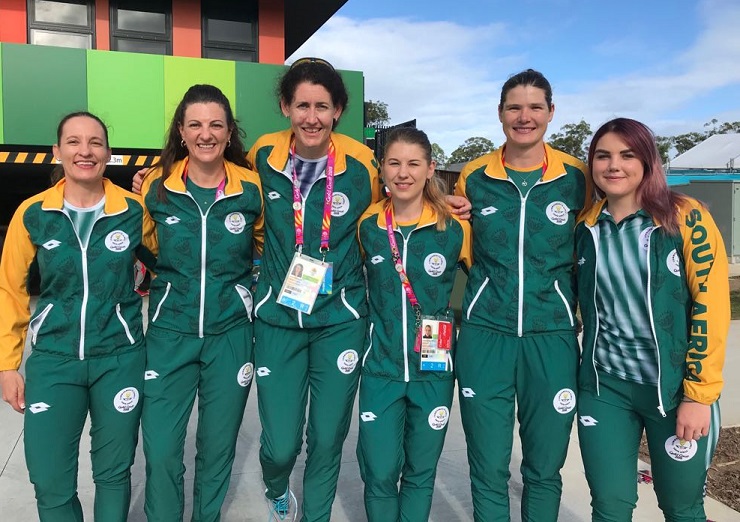 The South African women's track team at the Commonwealth Games from left Adelia Neethling, Elfriede Wolfaardt, Annerine Wenhold (coach), Charlene du Preez, Ilze Bole and Danielle van Niekerk (reserve). Photo: Supplied