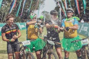 Champagne celebrations began after riders completed the nine-stage joBerg2c event. Photo: Kevin Sawyer