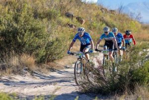 Front four riders in action during stage two of the Gravel & Grape Extreme 3-day. Photo: Chris Hitchcock