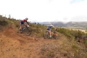 Leading women Ariane Luthi (left) and Robyn de Groot taking on a bend in a descent during stage two of the Great Zuurberg Trek. Photo: Shayne Minott