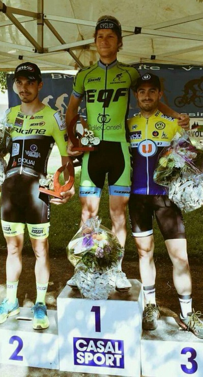 Morne van Niekerk atop the podium after winning the 163km l'Agglomeration Saint-Avold Synergie in France on Tuesday. Photo: Supplied