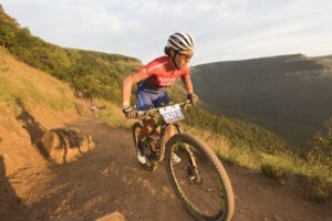 Winning women's pair, Samantha Sanders (front) and Amy McDougall during the second day of the sani2c Race. Photo: Anthony Grote