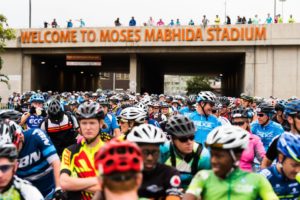 Riders at the start of this year's Tour Durban at the Moses Mabhida Stadium