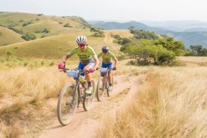 Elite women winning pair Samantha Sanders and Amy McDougall in action during the sani2c Race. Photo: Anthony Grote