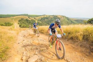 DSV's Gert Heyns and Arno du Toit, who finished second overall, making their way up a climb during the sani2c Race. Photo: Anthony Grote