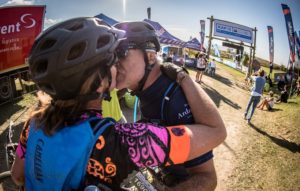 Riders congratulate each other after finishing day one of sani2c Adventure