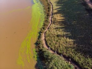 Mountain bikers pass a large dam on day two of sani2c Trail