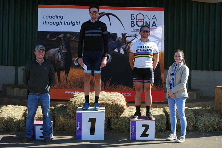 Johan Kruger (middle) and Danielle Strydom won the 60km feature of the Bona Bona MTB Race on Saturday. Photo: Facebook/facebook.com/Pro-T-Cycles