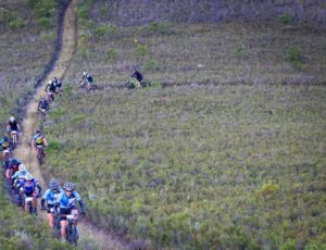 Riders going through a flat fynbos section in stage two of the Greyt Escape. Photo: Oakpics.com