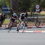 Charl du Plooy leading, with Ceajay Bosman and Linwill Jansen following during their criterium race of the Oudtshoorn Youth Festival yesterday. Photo: Louis Visser