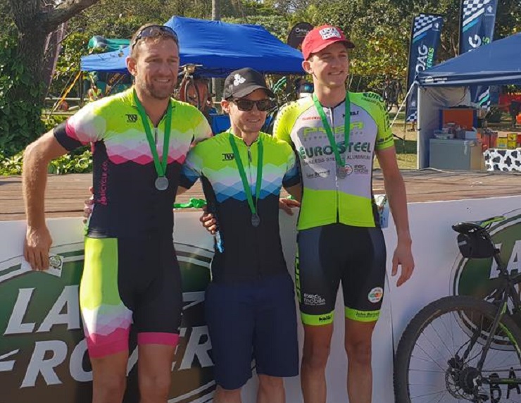 Tyronne White (middle) won the 45km feature of the Sugar Rush Classic in Ballito. Photo: facebook.com/ROAGSport/