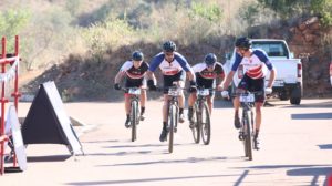 HB Kruger, Regis Maniora, Pieter Seyffert and Hanco Kachelhoffer sprint for the finish on day two of the Liberty Waterberg Encounter