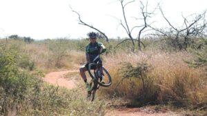Rider showing off a trick during stage three of the Waterberg MTB Encounter. Photo: Gerrie Kriel / Twin Productions SA