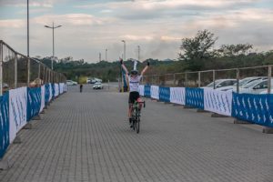Women's winner Carla Oberholzer showing her elation after coming out on top in the Jock Classic. Photo: Memories 4 U Photography