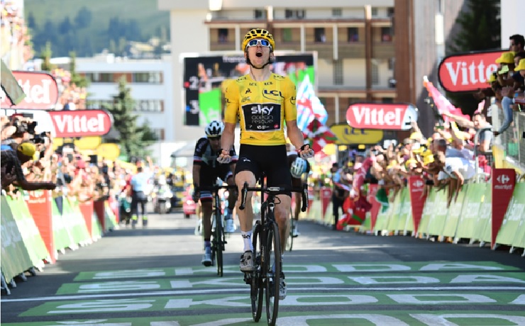Briton Geraint Thomas of Team Sky executed a well-timed tactical attack late in the race to win stage 12 of the Tour de France and retain the yellow jersey at Alpe d'Huez today. Photo: ASO/Alex Broadway