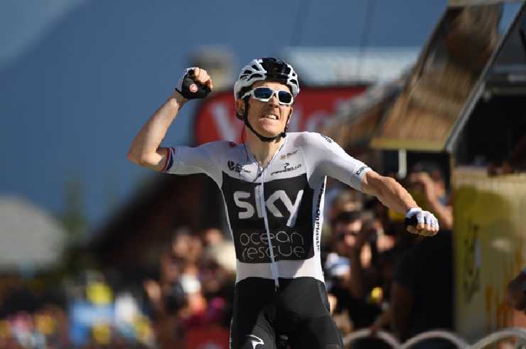 Geraint Thomas of Team Sky left it late to snatch victory in the 11th stage of the Tour de France at La Rosière and take the overall lead in the race. Photo: ASO/Pauline Ballet