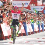 EF-Drapac's Simon Clarke came out on top in a three-man sprint to win the 188.7km fifth stage of the Vuelta a Espana today. Photo: Unipublic/Luis Ángel Gómez