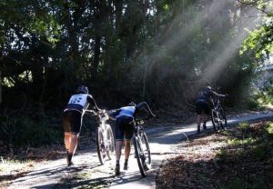 Riders pushing their bikes up a tricky ascent through a forest section of the Storms River Traverse. Photo: ZCMC