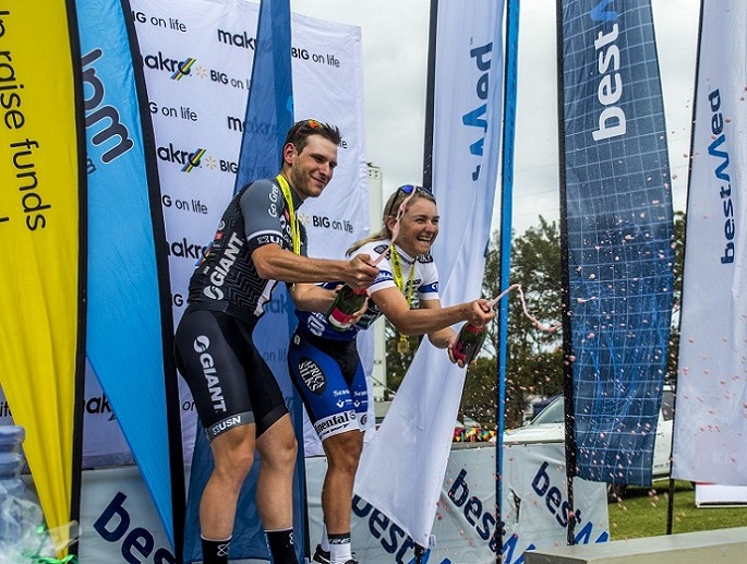 Brad Gouveris (left) and Anriette Schoeman win Bestmed Makro Cycle Tour