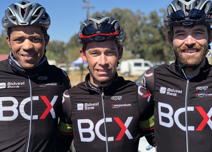 BCX's Chris Jooste (middle) was delighted to share a team victory at the Race for Victory alongside the second-placed Nolan Hoffman (left) and Steven van Heerden (right). Photo: Team BCX/Twitter