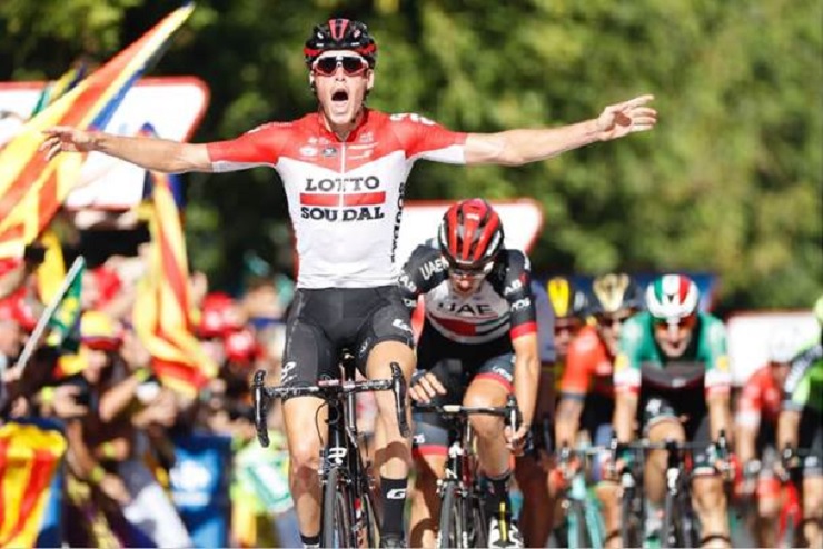 Lotto Soudal's Jelle Wallays (pictured) defied the odds to come out on top in stage 18 of the Vuelta a Espana in Lleida today, having led the race throughout. Photo: Unipublic/Luis Ángel Gómez