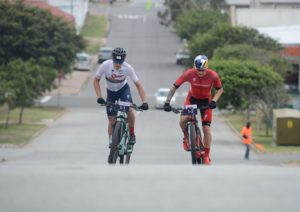 Winners Alan Hatherly (left) and Simon Andreassen in action on a road section during the prologue of the Cape Pioneer Trek. Photo: Zoon Cronje