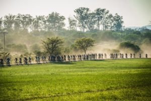 A long line of cyclists stretched out on a dusty section during stage two of the Berg and Bush 'Descent'. Photo: Tobias Ginsberg