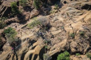 An aerial view of riders moving through a sandy and dry section during stage two of the Berg and Bush 'Great Trek'. Photo: Em Gatland