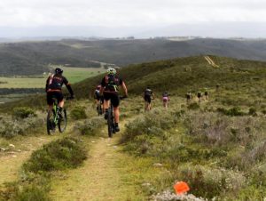 Riders moving over a flat fynbos section during stage two of the Cape Pioneer Trek. Photo: Carli Smith