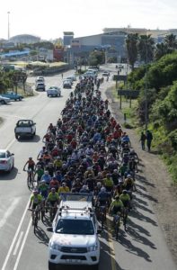 A large bunch of riders on a road section during stage one of the Cape Pioneer Trek. Photo: Marike Cronje