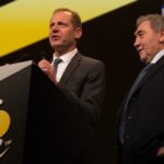 General director of the Tour de France Christian Prudhomme (left) and cycling legend Eddy Merckx (right) at the route presentation in Paris yesterday. Photo: ASO/Thomas Maheux