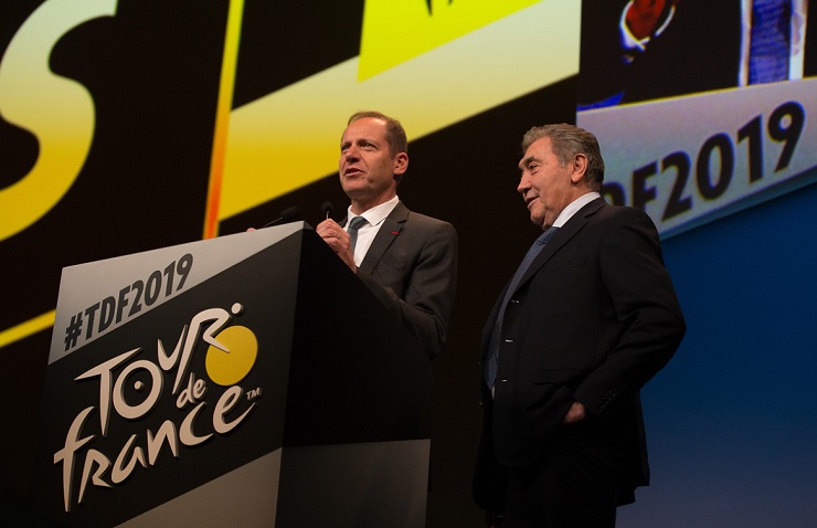General director of the Tour de France Christian Prudhomme (left) and cycling legend Eddy Merckx (right) at the route presentation in Paris yesterday. Photo: ASO/Thomas Maheux