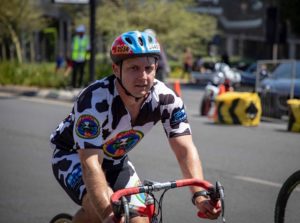 A rider dressed in a cow costume at the 947 Cycle Challenge. Photo: 947 Cycle Challenge