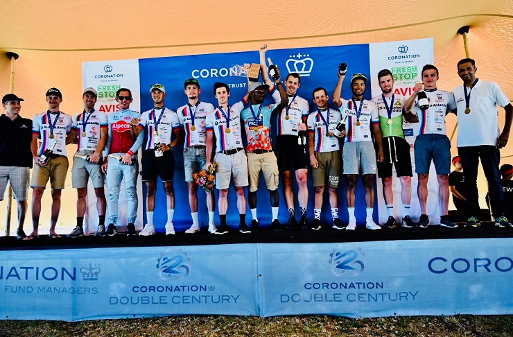 The 12-man Active Bodies team pictured celebrating on the podium after winning the Double Century yesterday. Photo: Facebook/@CoronationDC
