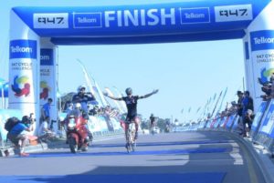 Men's winner Brandon Downes pictured crossing the line at the 947 Cycle Challenge today. Photo: Telkom 947 Cycle Challenge