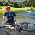 One rider's bike went for a swim while crossing the river at the Origin of Trails. Photo: David Tarpey