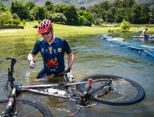 One rider's bike went for a swim while crossing the river at the Origin of Trails. Photo: David Tarpey