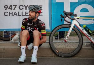 Steven van Heerden, who finished second, pictured sitting down and looking on at the 947 Cycle Challenge today. Photo: Telkom 947 Cycle Challenge