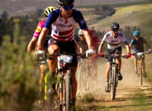 HB Kruger (front) pictured leading the bunch on stage three of the Wines2Whales Shiraz. Photo: Nick Muzik