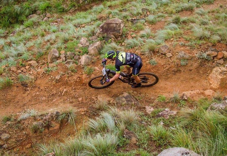 An aerial shot of solo men's winner Andrew Hill at the Drak Descent. Photo: Graham Daniel/369 Communications