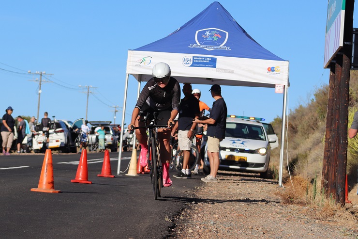 Women's time-trial winner, Liezel Jordaan, pictured setting off for her time-trial at the Western Cape Time-Trial Championship yesterday. Photo: Supplied