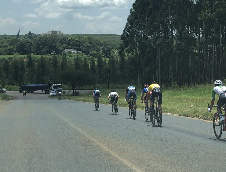 The breakaway group of riders in action in stage five of the Mpumalanga Tour today. Photo: Twitter/@ForeverResortSA