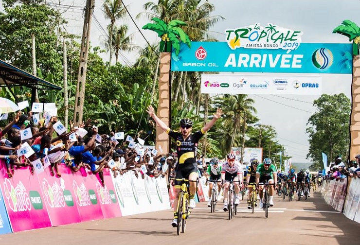 Direct Energie's Niccolo Bonifazio pictured winning the final sprint on stage one of the Tropicale Amissa Bongo yesterday. Photo: Supplied