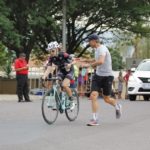 Juanita Venter receiving a water bottle during the elite women's SA national champs road race in Pretoria on Saturday. Photo: Christiaan Mostert/ZCMC
