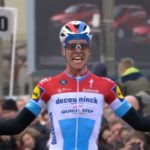 Deceuninck-QuickStep's Bob Jungels celebrating moments after winning the 201.1km Kuurne-Brussel-Kuurne today. Photo: Tiz-cycling.racing