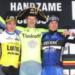 Cyclists on the podium at a previous year's Bredene Koksijde Classic