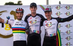 Simon Andreassen (right) joined Nino Schurter (left) and Sam Gaze (centre) on the elite men’s podium after a fiercely contested Champions Race. Photo: Michal Červený