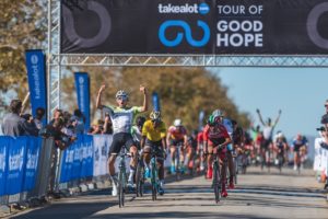 Gustav Basson celebrates his win on the second stage of 114km in the Takealot Tour of Good Hope