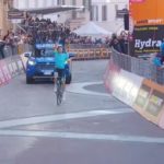 Astana Pro's Jakob Fuglsang crossing the line to win stage five of the Tirreno-Adriatico today. Photo: Live stream