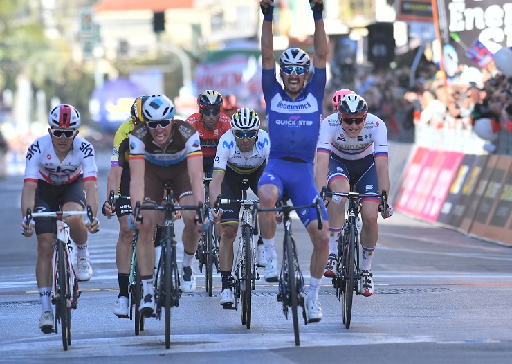 Deceuninck-QuickStep's Julian Alaphilippe crossing the line in elation to win the Milan-San Remo today. Photo: LaPresse- D'Alberto/Ferrari/Alpozzi